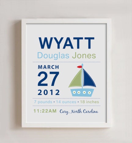 8 x 10 - Custom Birth Announcement Print - Sailboat Wall art Il_170x135