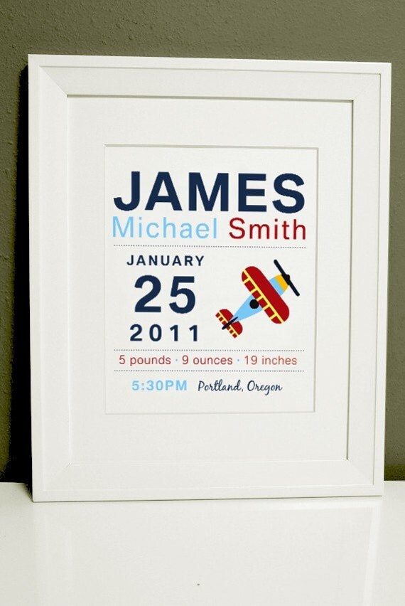 8 x 10 - Custom Birth Announcement Print - AIRPLANE Wall art Il_570xn