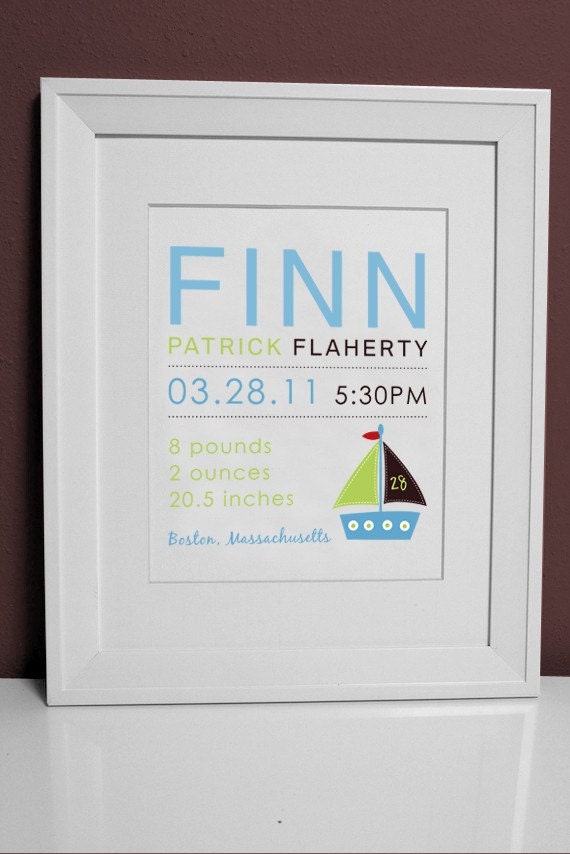 8 x 10 - Custom Birth Announcement Print - Sailboat - Wall art Il_570xn