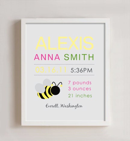 8 x 10 - Custom Birth Print - BUMBLE BEE - Wall art Il_570xn