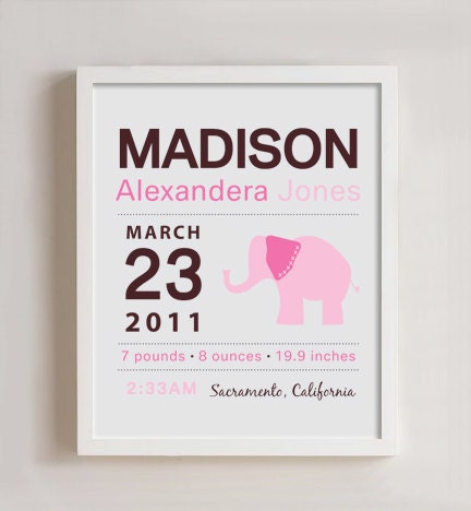 8 x 10 - Custom Birth Announcement Print - Elephant Wall art Il_570xn