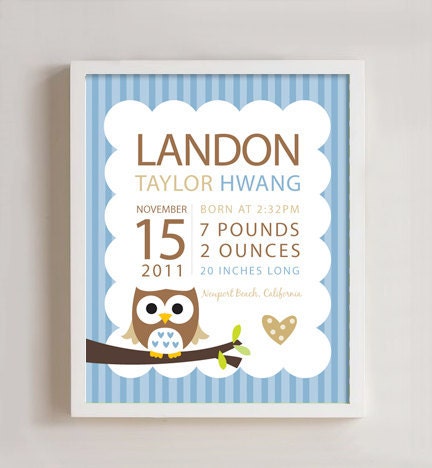 Personalized Birth print Owl wall art - 8x10 print