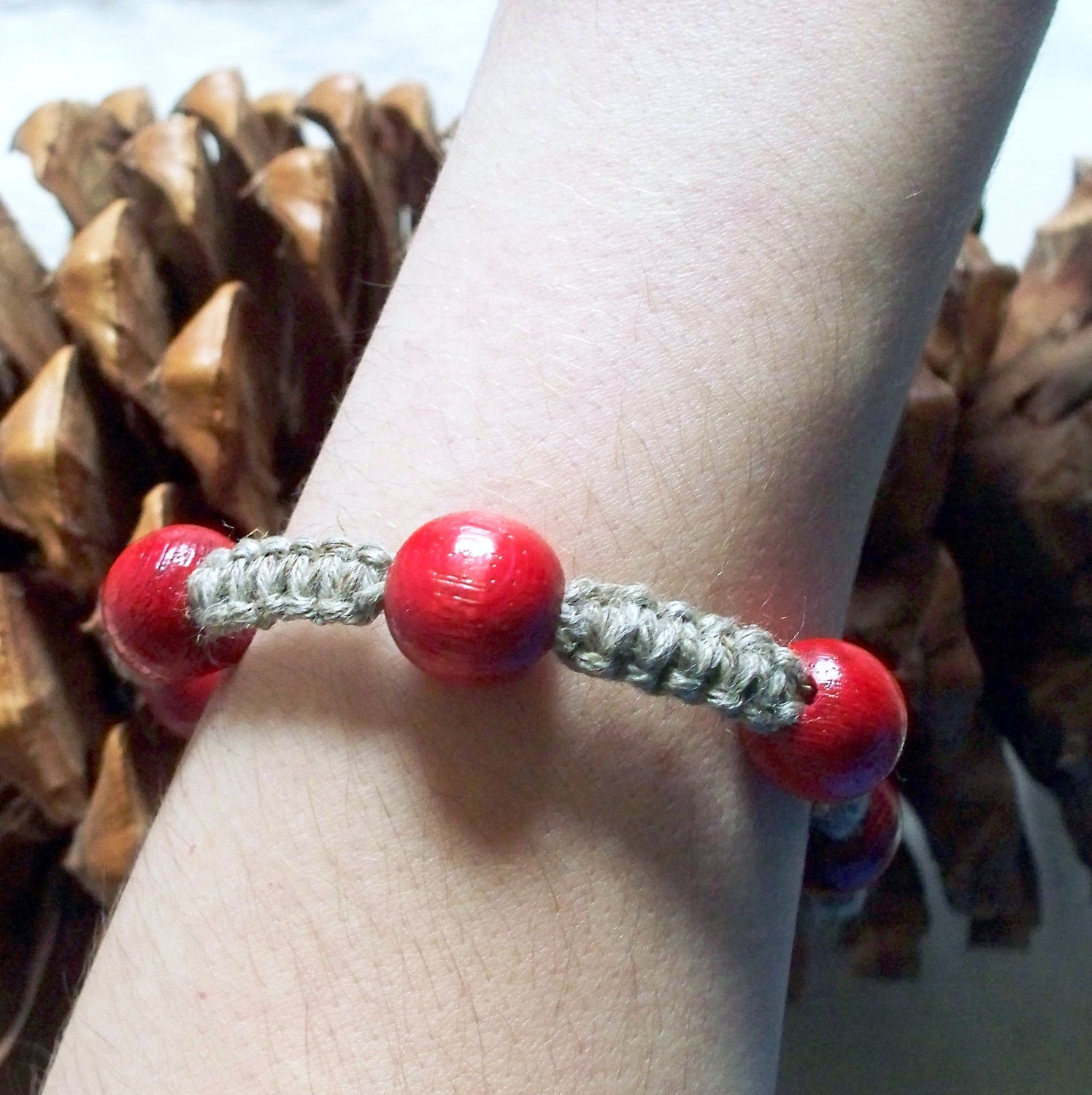 Hemp Bracelet Soft Organic Hemp. Red Vintage Wood Beads. Gift for Her. Bangle Women Hippie. Eco Friendly Shipping OOAK HHM