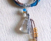 Quartz Pendant Necklace Silver Metal Feather & Chain, Organic Brown Hemp, Turquoise Leather. Wire Wrapped Polished Clear Quartz OOAK HHM
