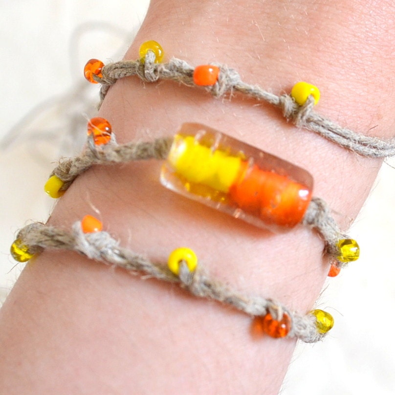 Hemp Bracelet, Anklet or Necklace.Triple or Double Wrap. Natural, Orange & Yellow. Organic Hemp, Glass Beads, one of a kind. OOAK HHM