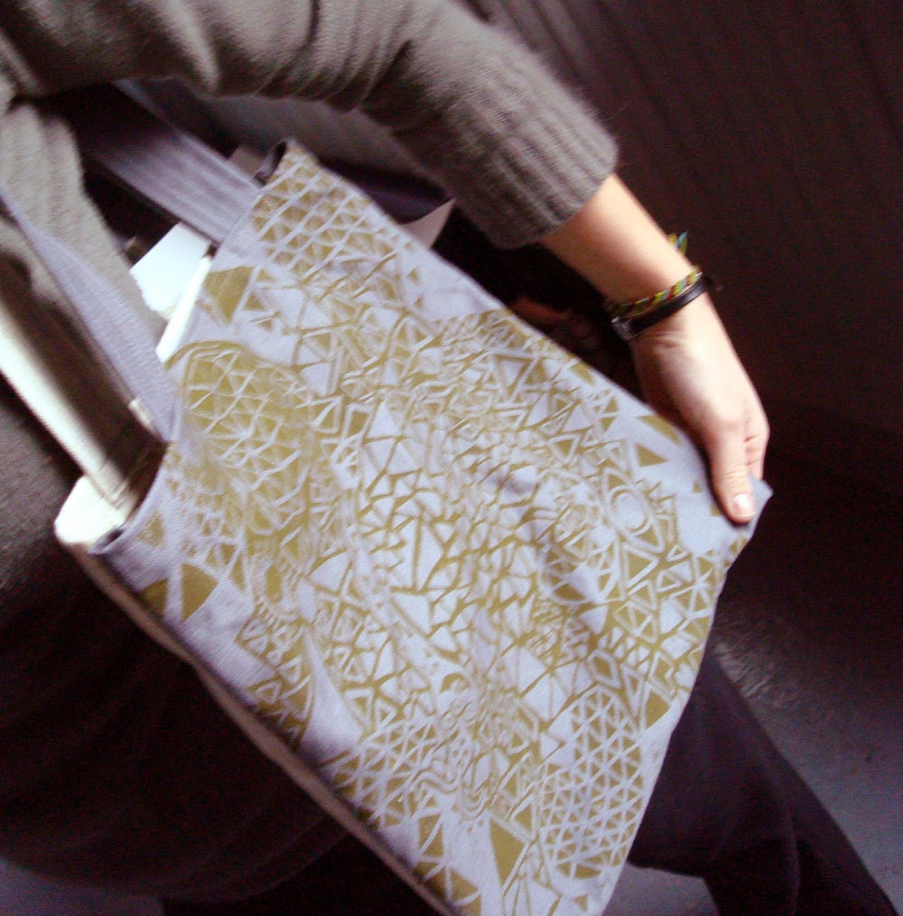 Hand Screened Graphic Early Nazca Inspired Snake Tote Grey/Canvas/Army Green Carry All Purse Bag