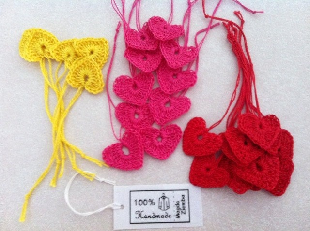 12 Little Tiny CROCHET HEARTS in Fuchsia Pink, Yellow, Red great for Decorations, Ornaments, Embellishments as Gift Tags, Easter