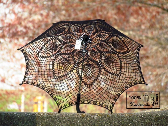 30"  Black on Black Crochet UMBRELLA PARASOL,Steampunk, Gothic, Victorian, Summer Wedding- Made to order