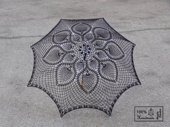 48" UMBRELLA PARASOL  Black Lace Crochet , Made in USA, Steampunk, Goth, Party Favor, Mothers Day Wedding - Made to Order