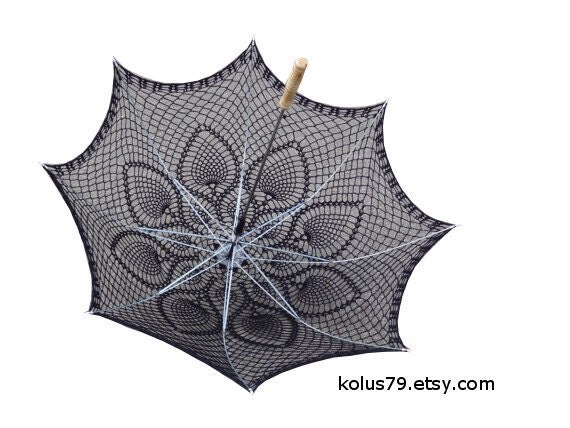 48" UMBRELLA PARASOL  Black Lace Crochet , Made in USA, Steampunk, Goth, Party Favor, Mothers Day Wedding - Made to Order