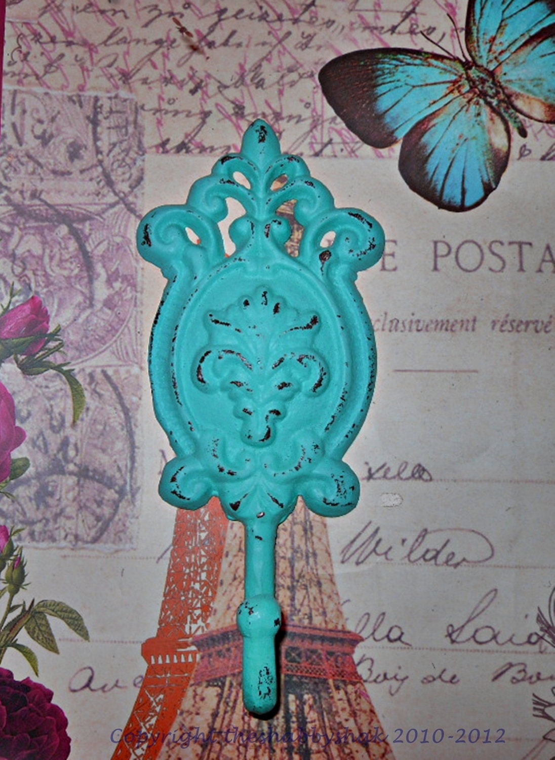 Aqua Wall Hook / Shabby Chic Ornate Cast Iron /Metal wall hook /Bathroom hook / Bright Wall Hook / Shabby Chic Decor