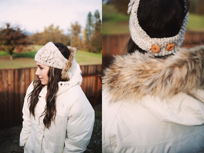 Crocheted Ski or Snowboarding Headband with Flower in Soft Wheat