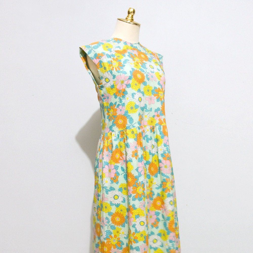 Vintage 70s Mod Floral Print Shift Dress, Light Blue, Orange, Yellow, Medium