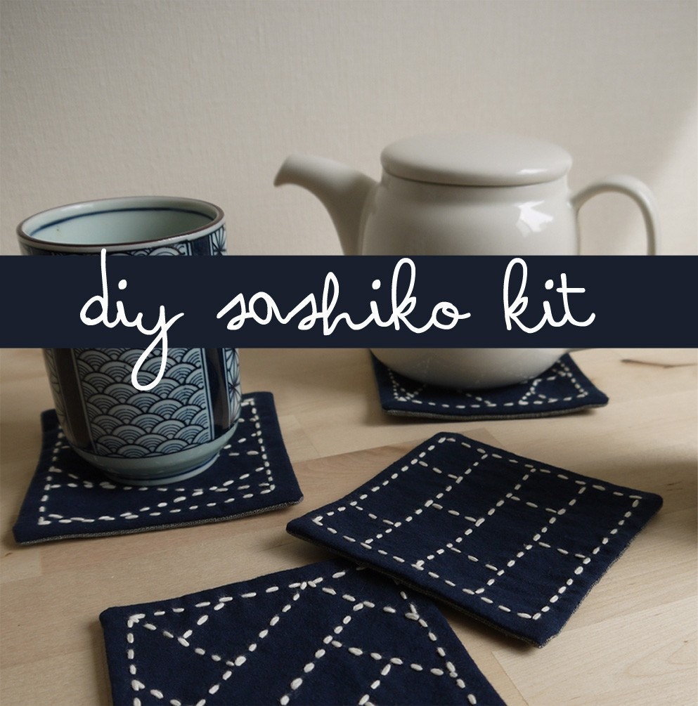 DIY Home Decor - - Sashiko Embroidery Kit: Renga Coasters (Set of 4) Polka Dot Backing