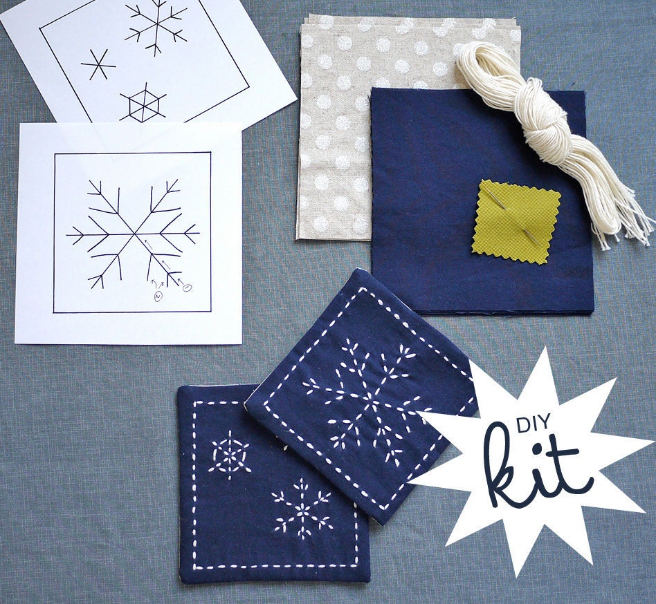 DIY HOLIDAY Embroidery Kit: Sashiko Snowflakes Yuki Coasters (Set of 4)