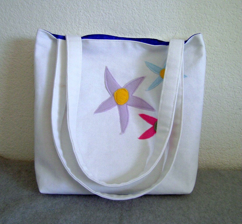 Canvas Tote Bag -- White with Flower Appliques