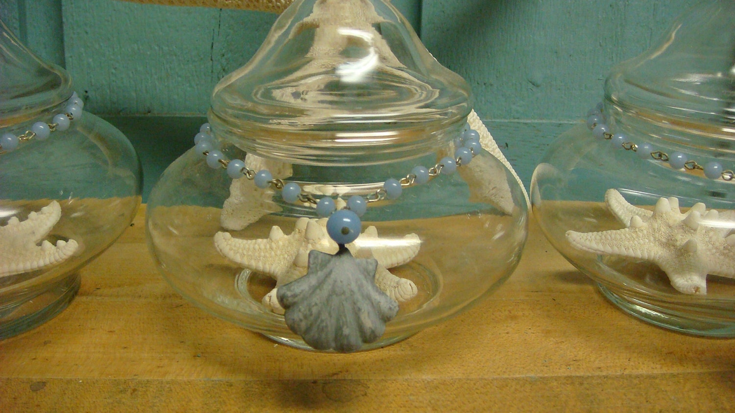 Apothecary Jar Set of 3 With Vintage Blue Beads and Metal Shell Embellishment