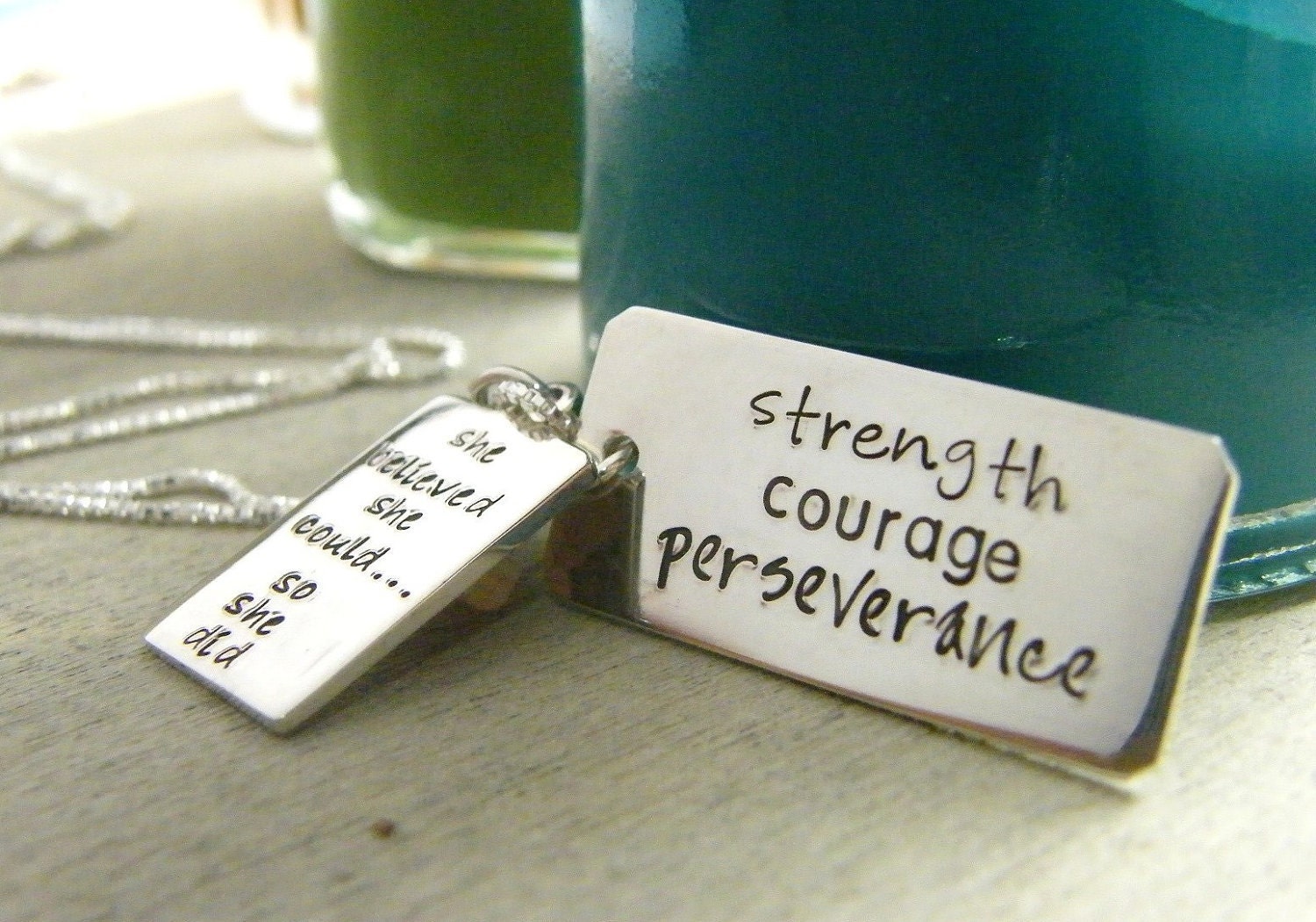 strength courage perseverance handstamped pendant set sterling silver neckace