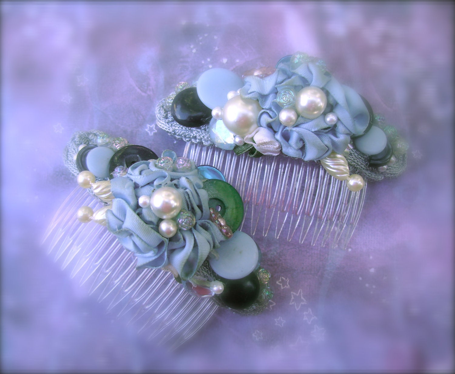 Blue Hair Combs - Handmade-Set of 2-Vintage & Found Items -- FREE SHIPPING