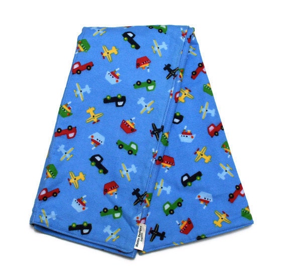 Changing Pad for Baby Boy in Blue Flannel with Trucks Airplanes and Boats