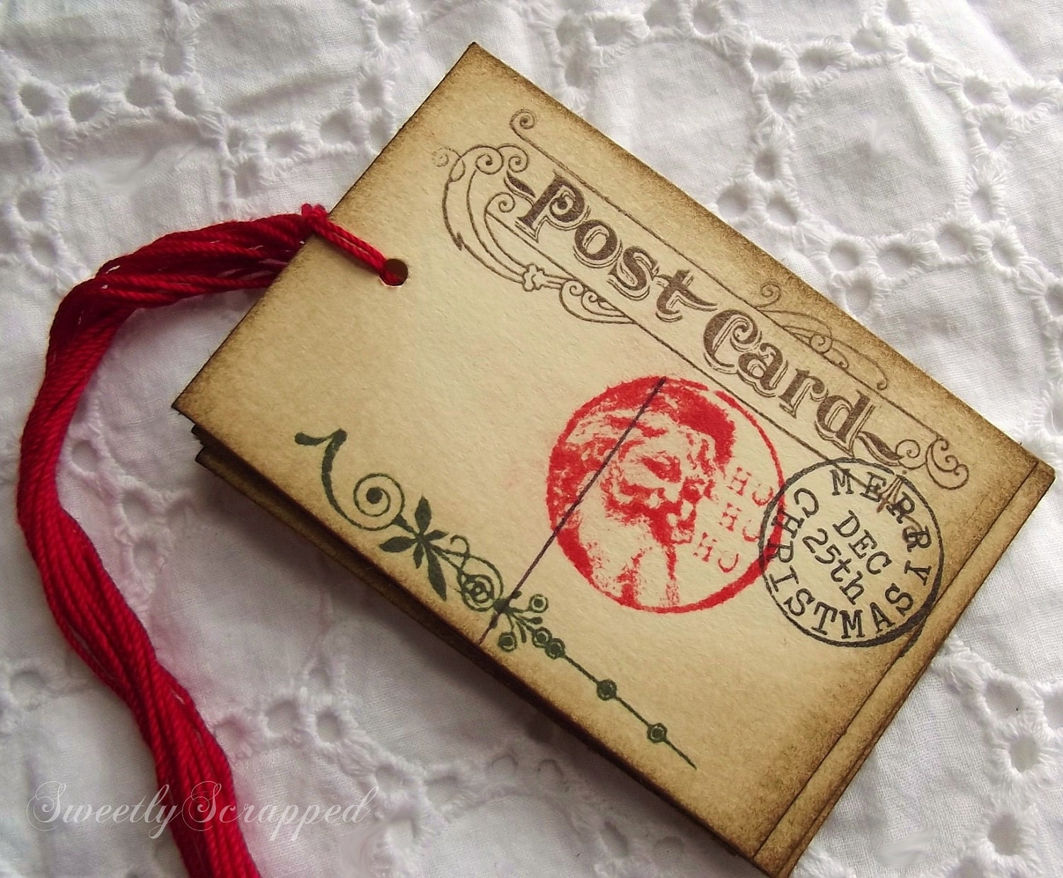 Santa Postcard Christmas Tags, Red, Green, Dec 25 Postmark too