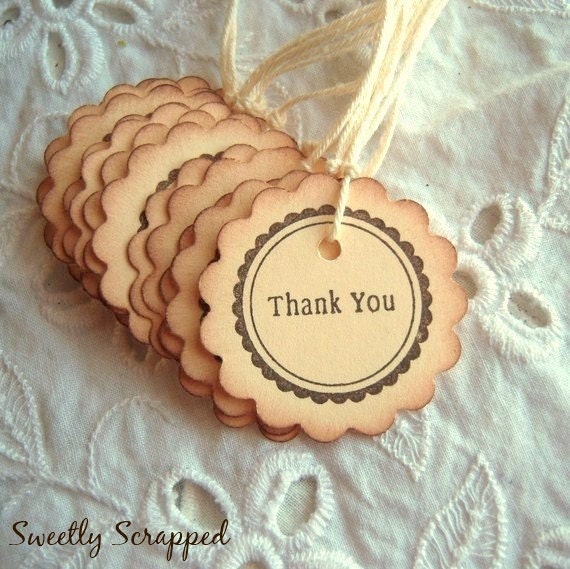THANK YOU Tags Vintage Inspired - Scalloped Circle - Hand Aged, Chocolate Brown, Manila Cream