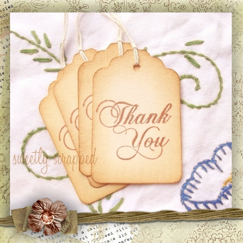 Vintage Thank You Tags, Script Style Text, Sepia Brown, Aged, Color Options