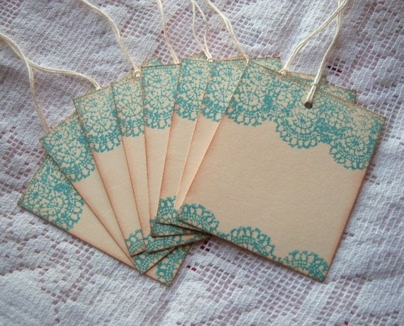 LACE Stamped Gift Tags - Aqua, Teal, Blue ...Vintage Inspired, Shabby