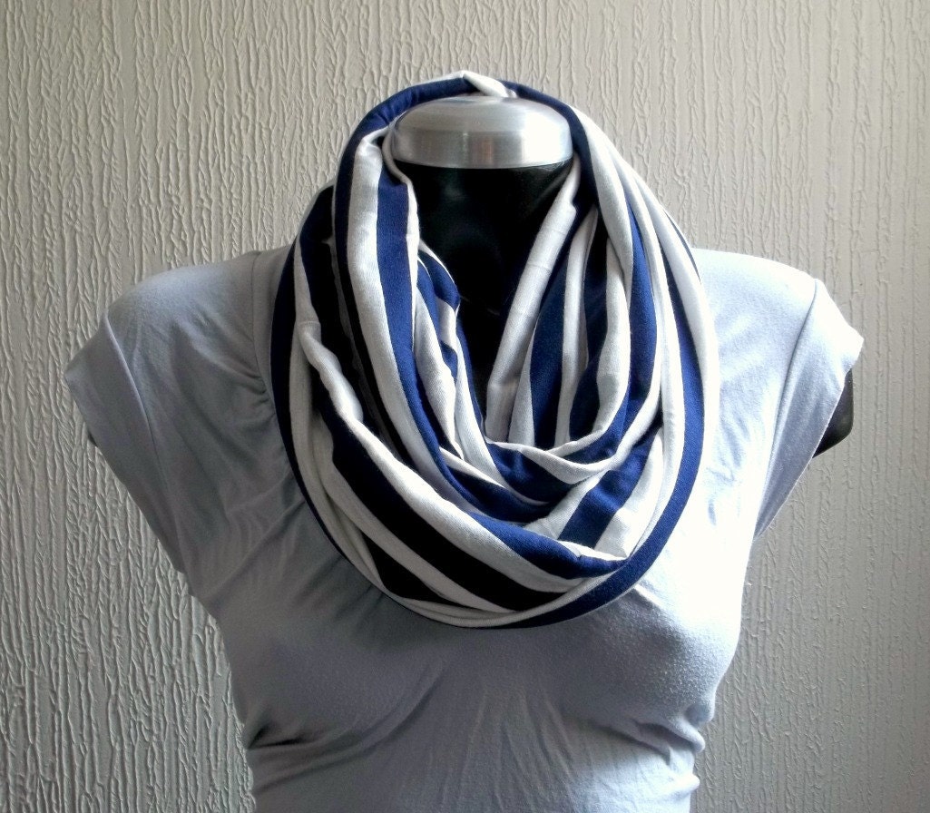Striped Infinity scarf, in blue marine and white cotton jersey, light and cozy,Special for cool summer  mornings.READY TO SHIP.