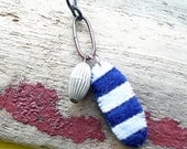 Nautical Jewelry - Navy Blue & White Felt Stripe Necklace - Summer Beach Mixed Media Fashion - Adjustable Cord Length - Gift under 40