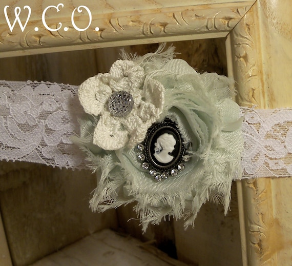 Timeless Romance Bridal Garter with Pale Blue Shabby Chiffon Flower on White Stretch Lace with Vintage Lace and Cameo Accents