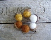 Felted wool acorns, set of 6, saffron yellow and fox brown and white