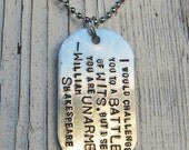 Shakespeare Quote - Battle of Wits - Hand Stamped Dog Tag Necklace -Made to Order-