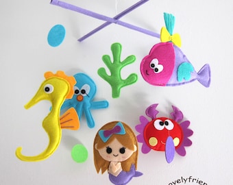 Mobile -Baby Crib Mobile - Baby Mobile - Crib mobiles - Felt Mobile - Nursery mobile - " under the sea and mermaid" Design