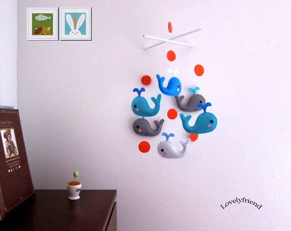 Baby Crib Mobile - Baby Mobile - Mobile - Crib mobiles - Felt Mobile - Nursery mobile - " Blue and Grey Whales" design