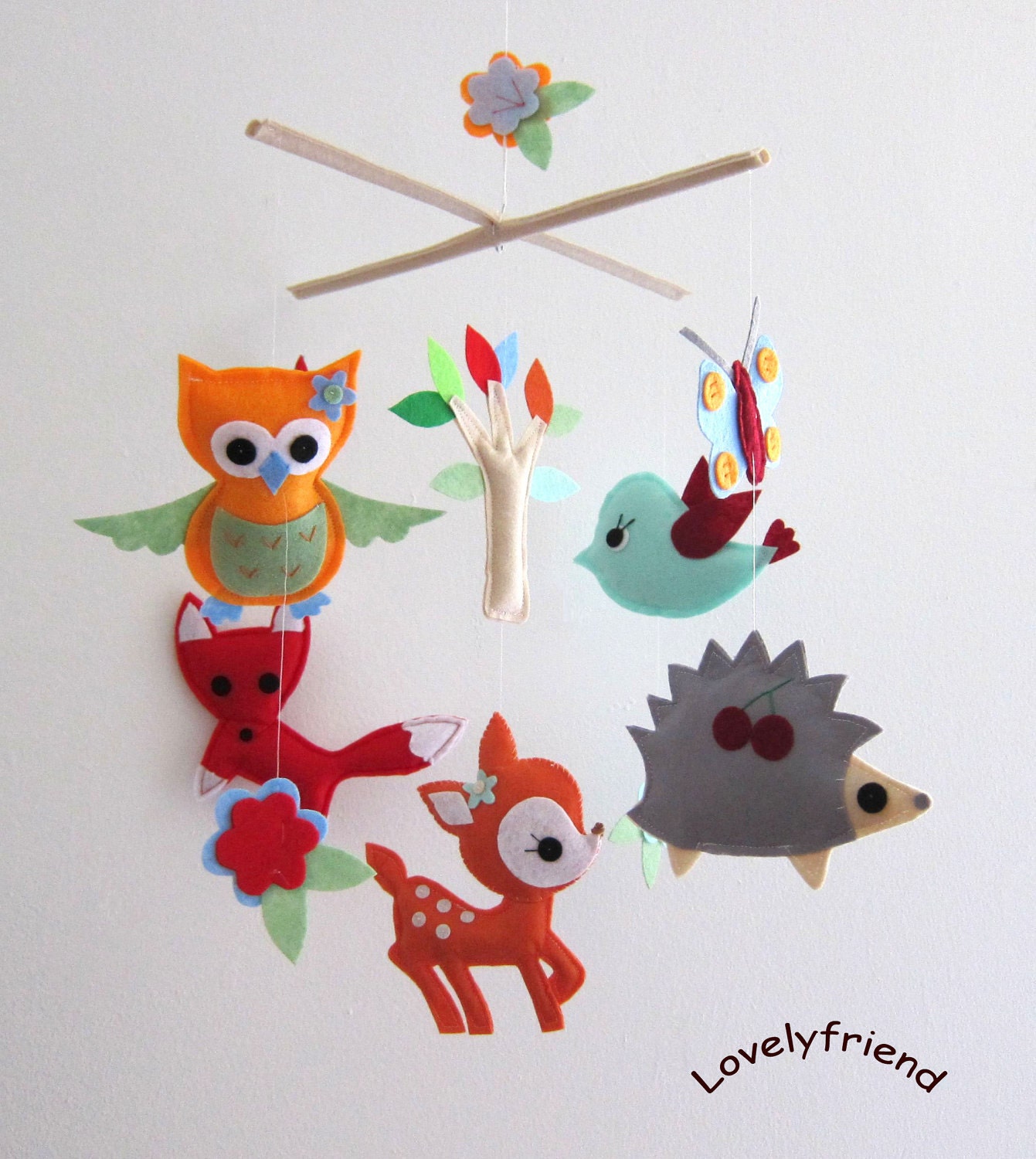 Baby Crib Mobile - Baby Mobile - Felt Mobile - Nursery mobile - " Woodland deer, fox, owl ,bird, hedgehog" design (Custom Color Available)