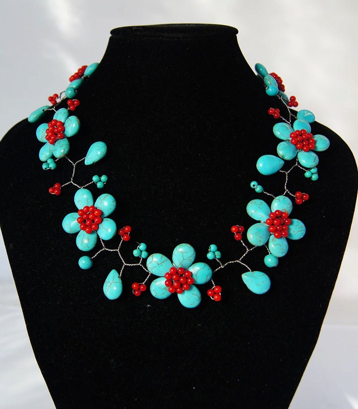 beadwork necklace,bib necklace,statement necklace,Beaded Jewelry,turquoise necklace ,choker necklace  With Turquoise Red Coral