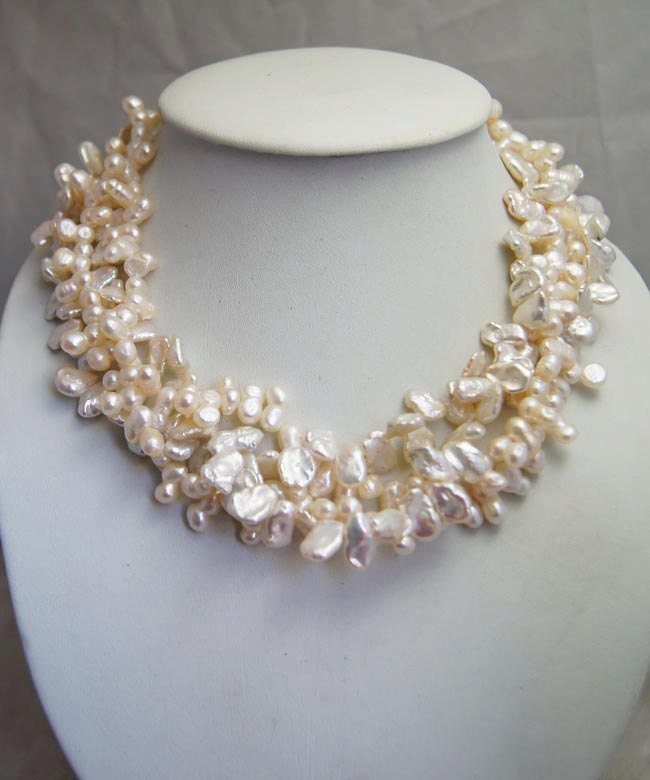 Bridesmaid Gifts,Bead Necklace,Beaded Jewelry,Pearl Necklace - Four Strand Necklace With White Keshi and Baroque Freshwater Pearl