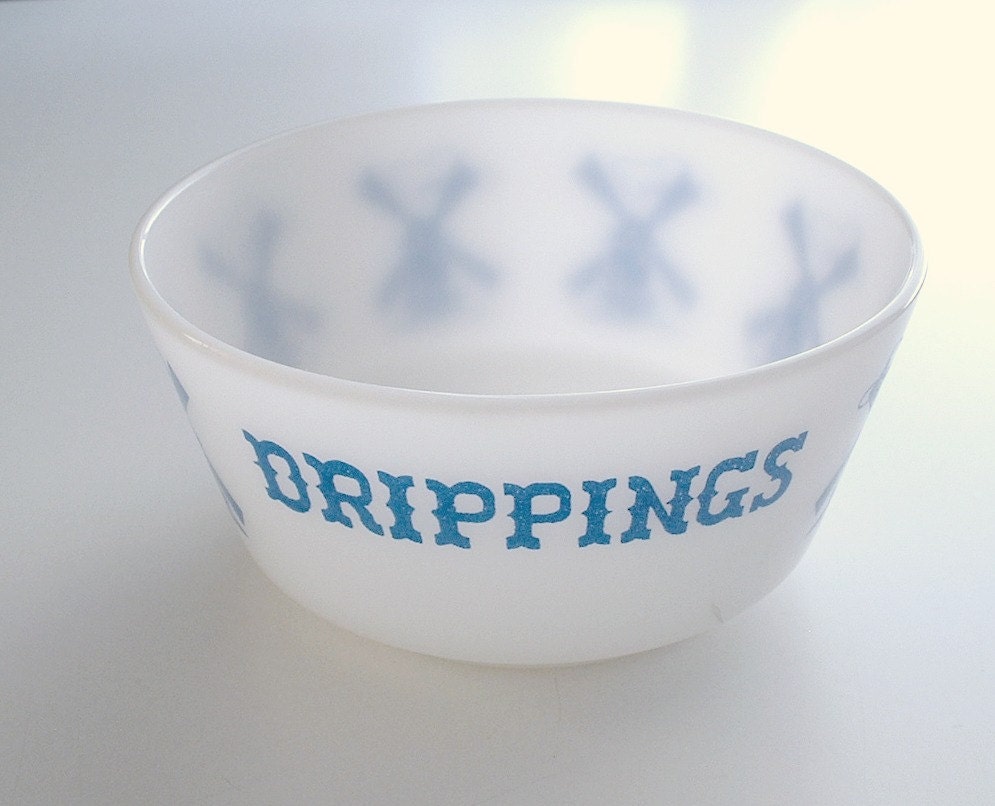 Vintage Hazel Atlas Bowl Drippings Blue on White Glass