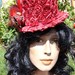 Steampunk Hat in Red Satin Ribbon Roses with Geared Automaton Bird by Dr Brassy Steampunk
