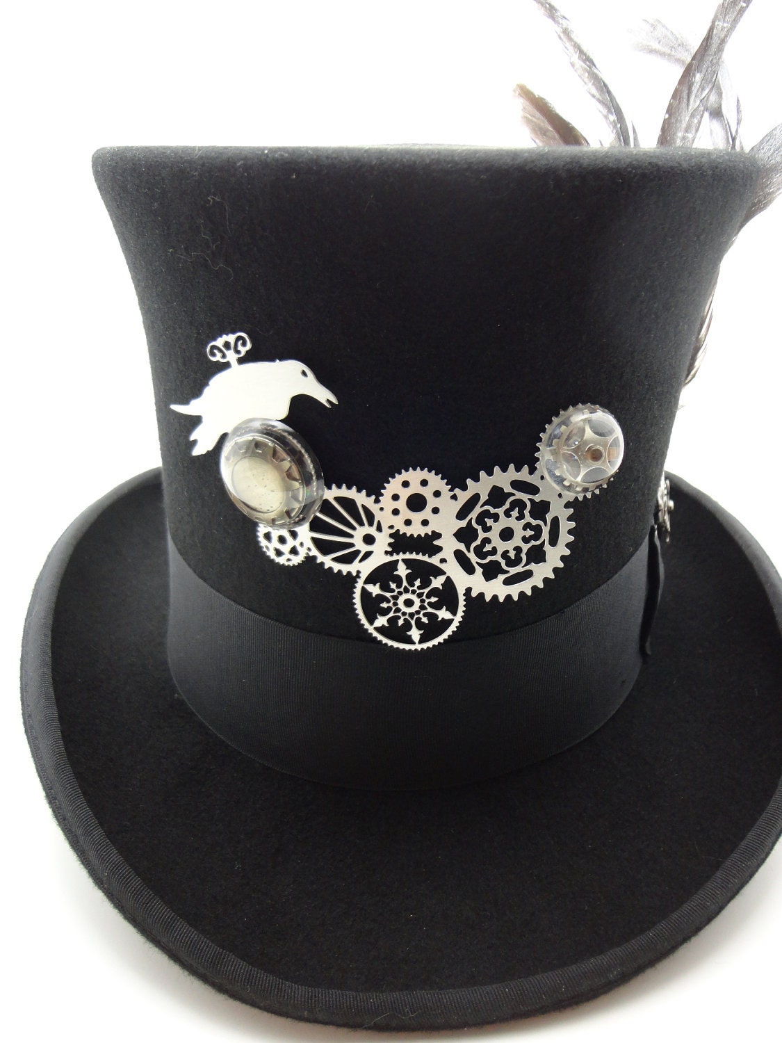 Steampunk Hat- Black Top Hat in Wool Felt Size Large or X-Large with Large Silver Geared Raven Focal and Feathers by Dr Brassy Steampunk