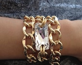 Surfer Girl, Triple Wrap Chunky 18K Gold plated Chain Bracelet with Swarovski Crystal
