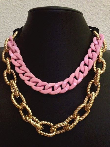 Neon Baby Pink Chunky Rose Gold Double Chain Necklace