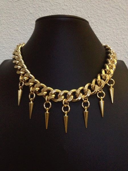 Sparrow, Chunky Gold Chain Choker Necklace with Spike Drop II, 18K Gold plated