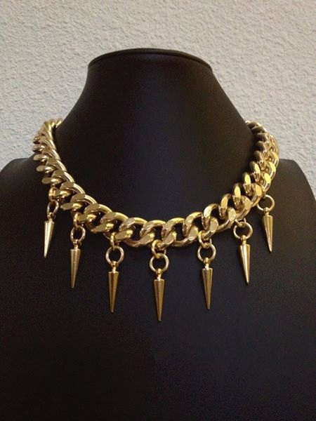 Sparrow, Chunky Gold Chain Choker Necklace with Spike Drop II, 18K Gold plated