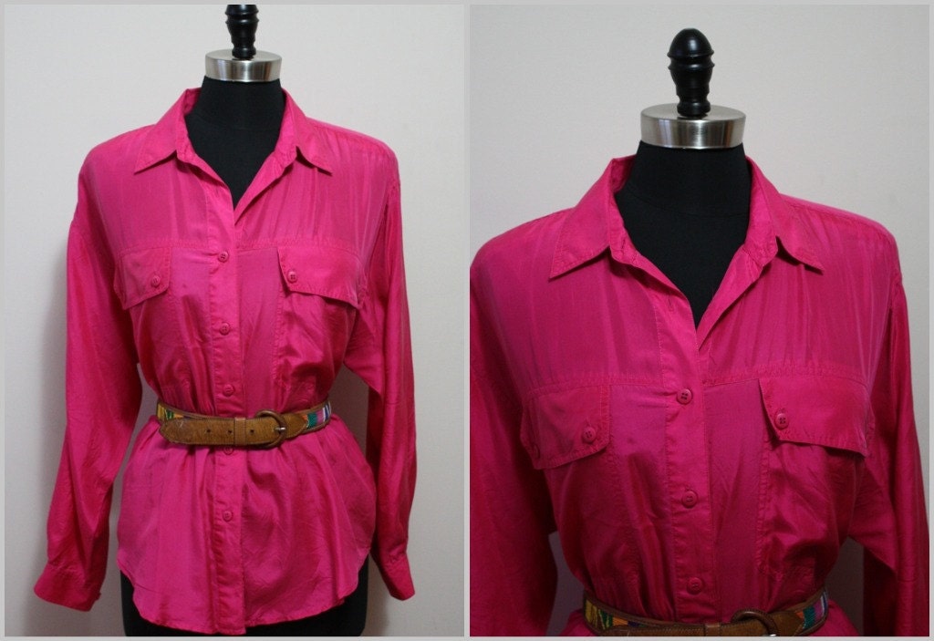 SALE Vintage SILK Pink  Button Front Menswear Style Blouse with Pockets. Size M/L