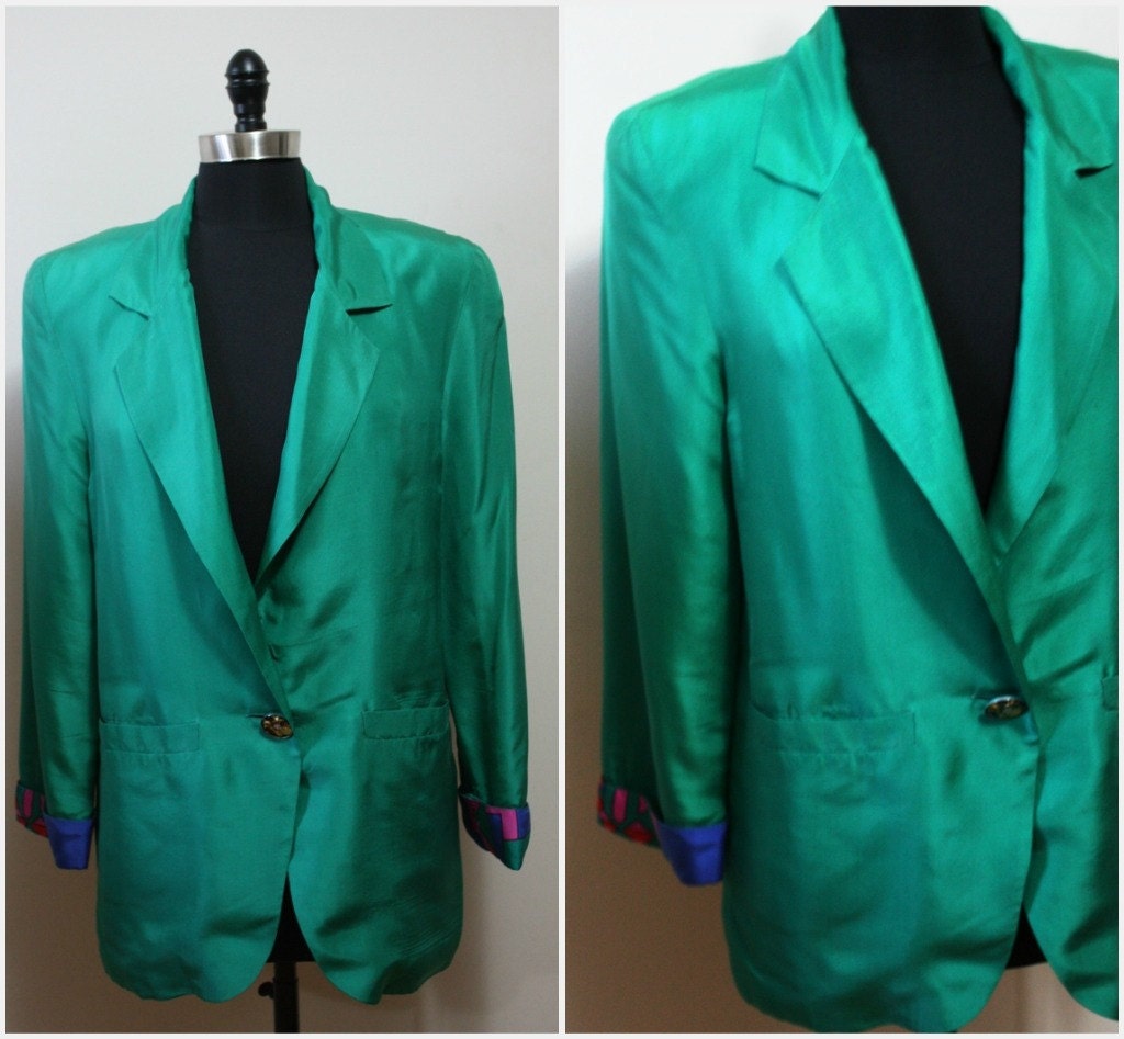 SALE. Vintage Teal Green SILK Relaxed Fit Boyfriend Blazer Size S/M Bust 36-40