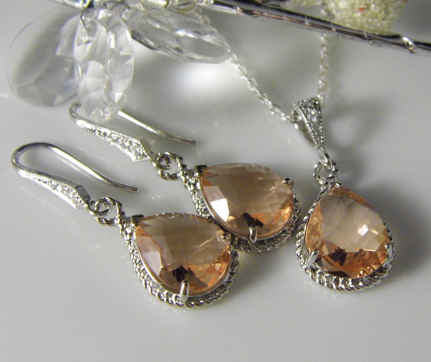 Peach Champagne Teardrop Czech Glass Crystal Necklace and Earring Set Bridesmaids Jewelry, Bridal Jewelry REF-601