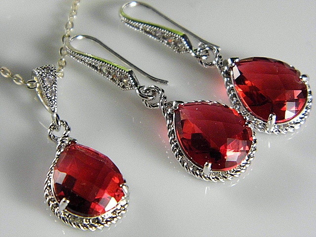 Silver Ruby Teardrop Czech Glass Crystal Necklace and Earring Set Bridesmaids Jewelry, Bridal Jewelry REF-601