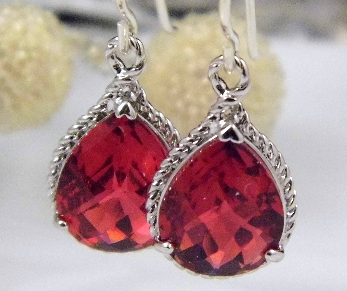 Ruby Earrings - Red Earrings- Czech Glass - Sterling Silver Earrings -  Bridesmaids Bridal Jewelry  REF-601